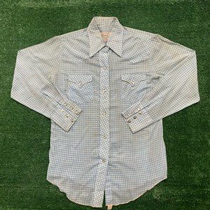 Vintage 70s H Bar C Pearl Snap Western Shirt Blue Plaid S Cowboy Ranch Gingham